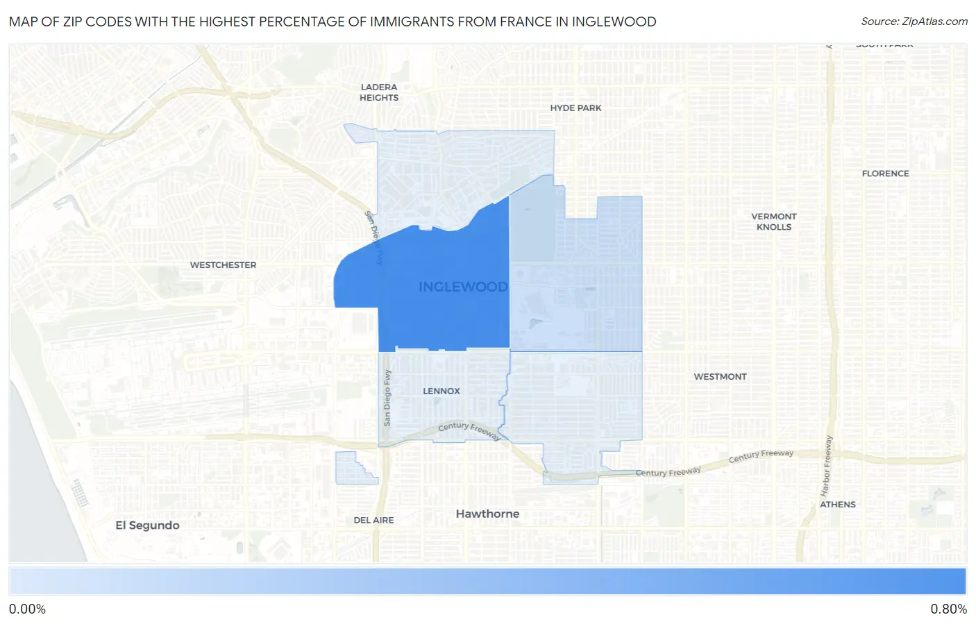 Zip Codes with the Highest Percentage of Immigrants from France in Inglewood Map