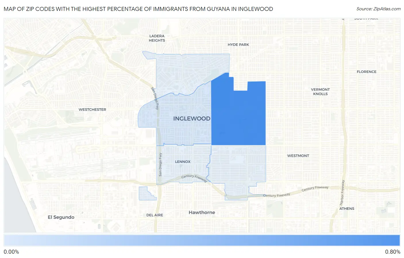 Zip Codes with the Highest Percentage of Immigrants from Guyana in Inglewood Map