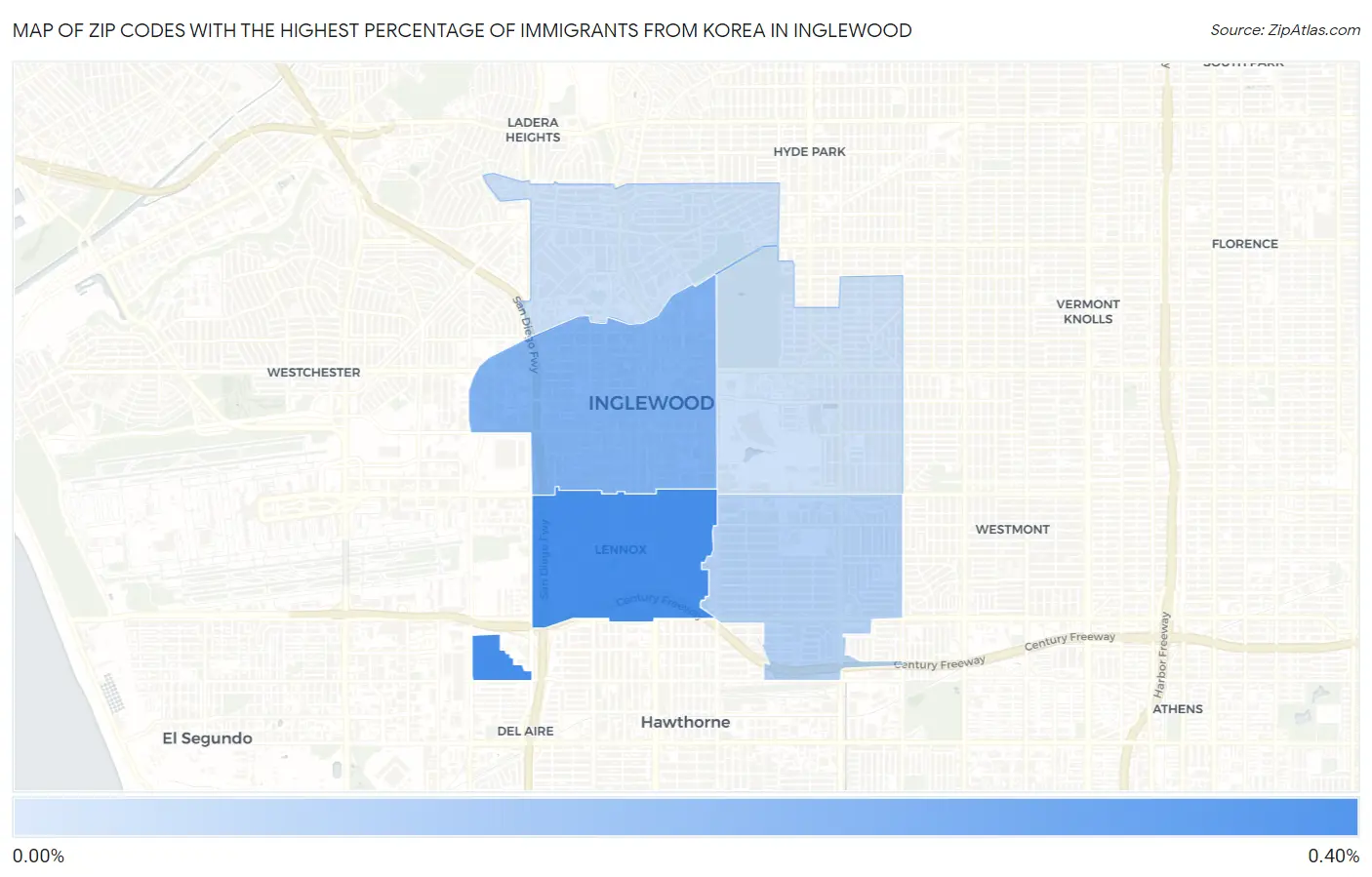 Zip Codes with the Highest Percentage of Immigrants from Korea in Inglewood Map