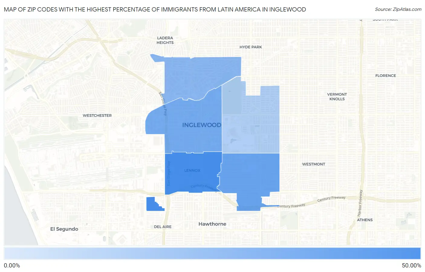 Zip Codes with the Highest Percentage of Immigrants from Latin America in Inglewood Map