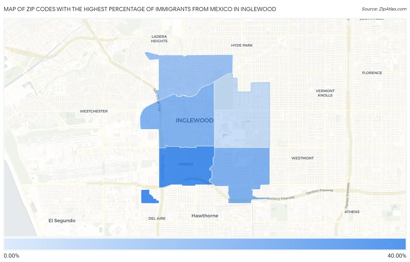Zip Codes with the Highest Percentage of Immigrants from Mexico in Inglewood Map