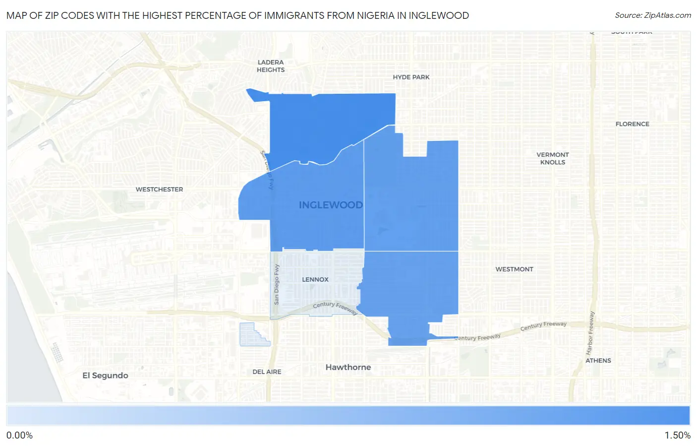 Zip Codes with the Highest Percentage of Immigrants from Nigeria in Inglewood Map