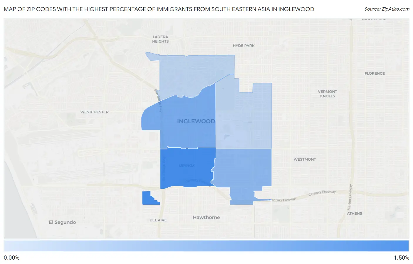 Zip Codes with the Highest Percentage of Immigrants from South Eastern Asia in Inglewood Map