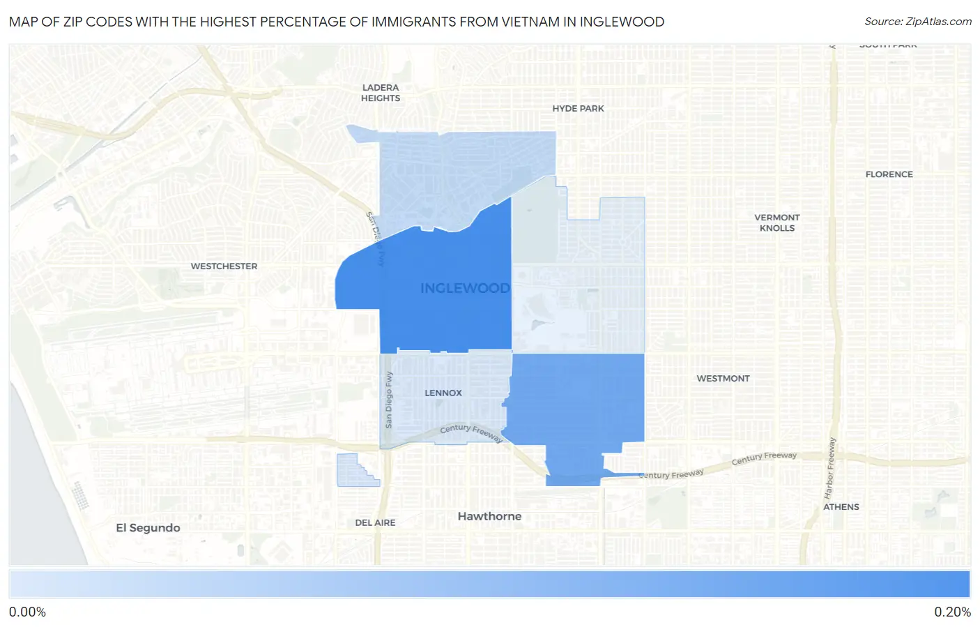 Zip Codes with the Highest Percentage of Immigrants from Vietnam in Inglewood Map