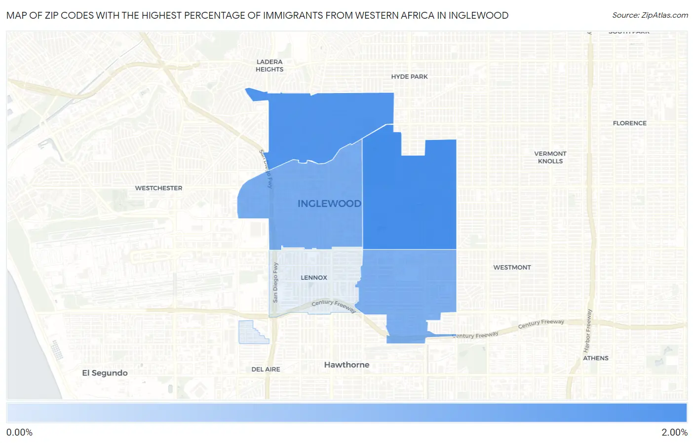 Zip Codes with the Highest Percentage of Immigrants from Western Africa in Inglewood Map