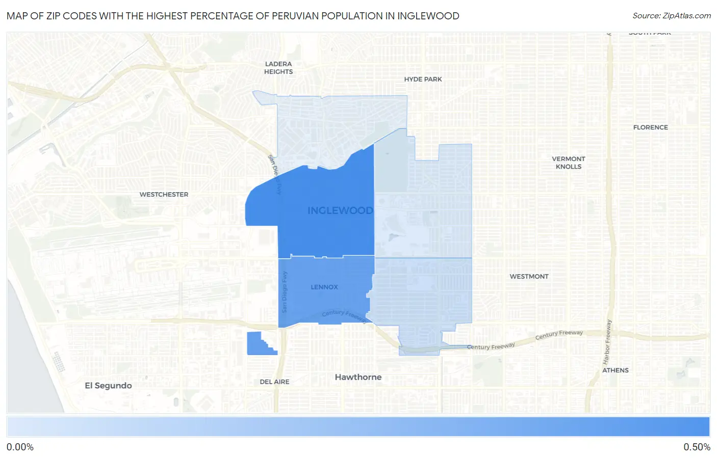 Zip Codes with the Highest Percentage of Peruvian Population in Inglewood Map