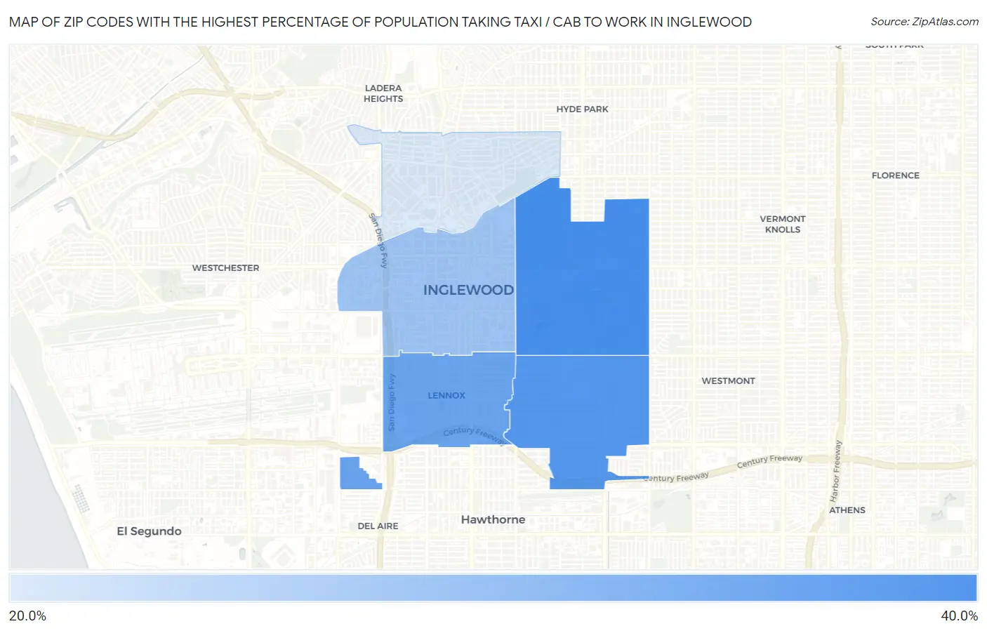 Zip Codes with the Highest Percentage of Population Taking Taxi / Cab to Work in Inglewood Map