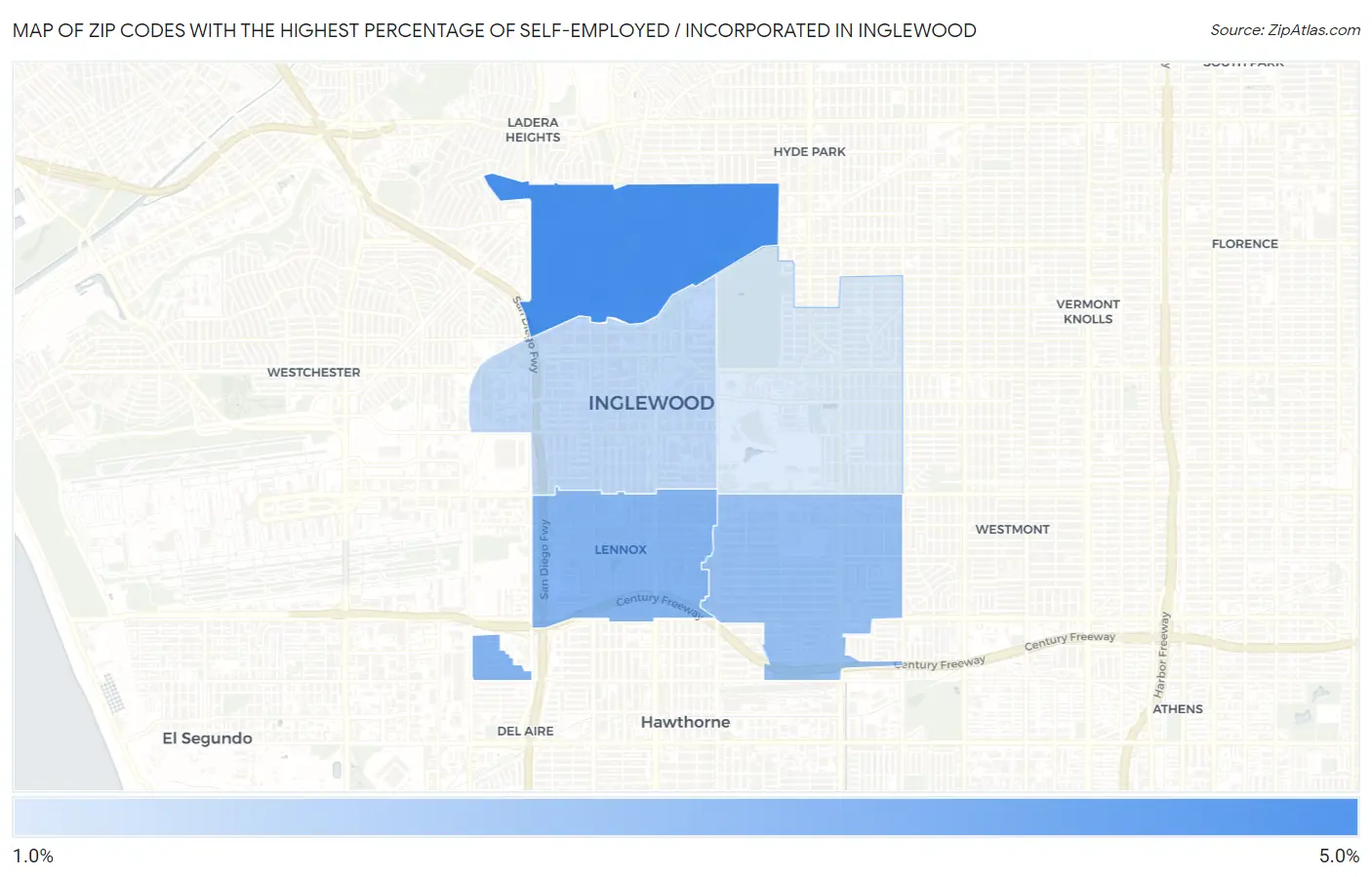 Zip Codes with the Highest Percentage of Self-Employed / Incorporated in Inglewood Map