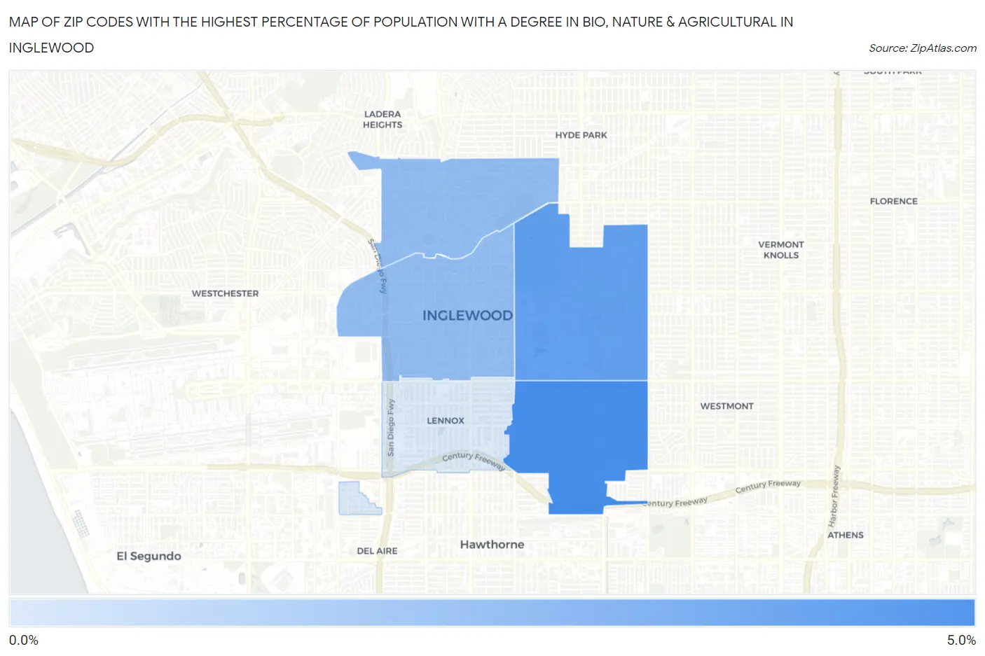 Zip Codes with the Highest Percentage of Population with a Degree in Bio, Nature & Agricultural in Inglewood Map