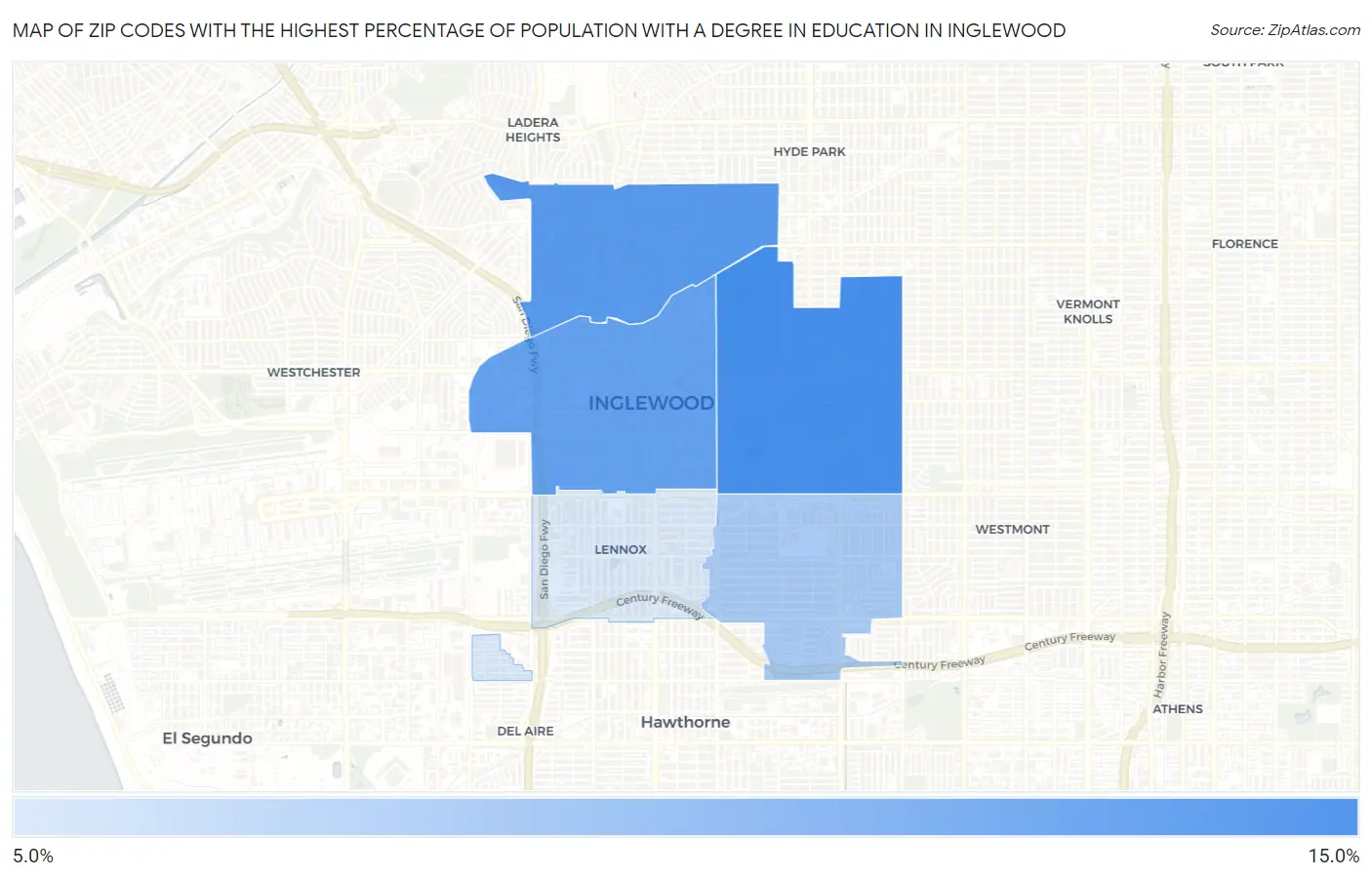 Zip Codes with the Highest Percentage of Population with a Degree in Education in Inglewood Map