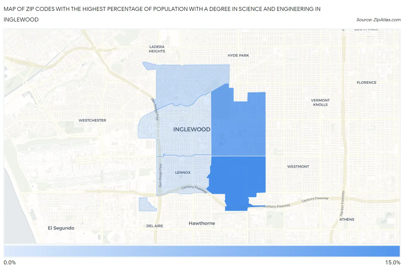 Zip Codes with the Highest Percentage of Population with a Degree in Science and Engineering in Inglewood Map
