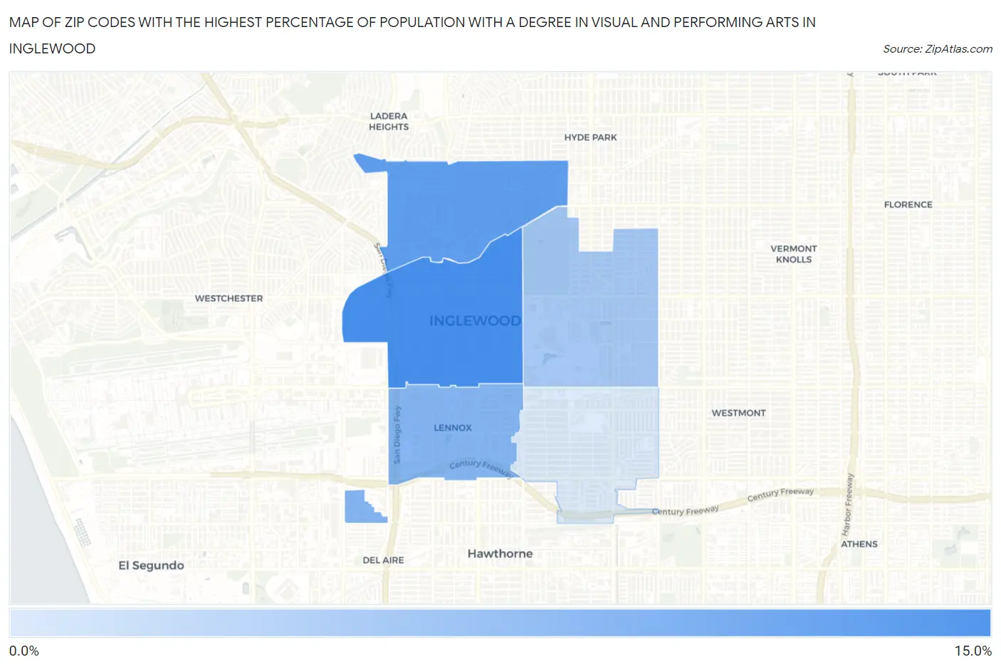 Zip Codes with the Highest Percentage of Population with a Degree in Visual and Performing Arts in Inglewood Map