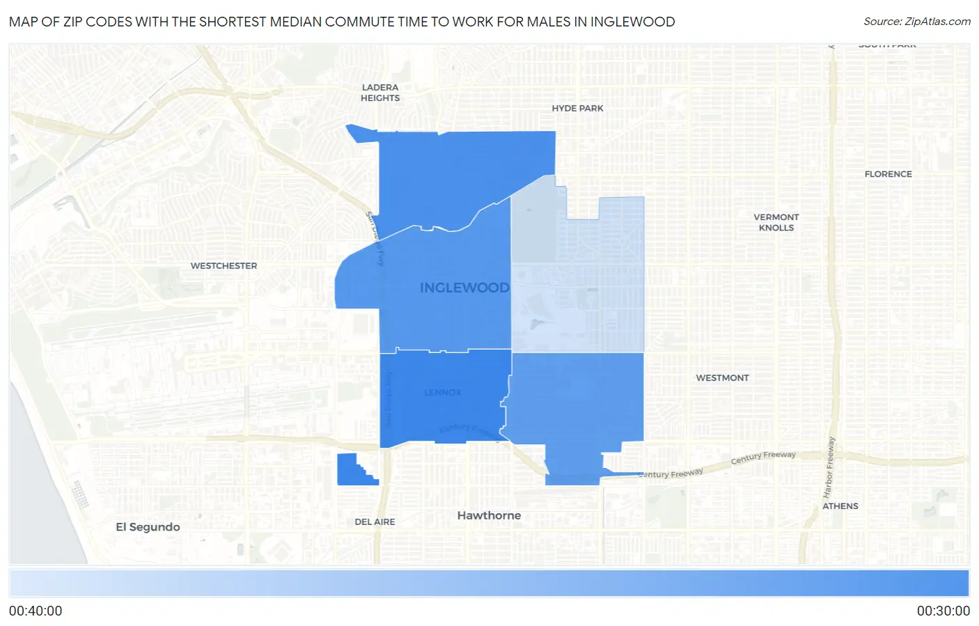 Zip Codes with the Shortest Median Commute Time to Work for Males in Inglewood Map