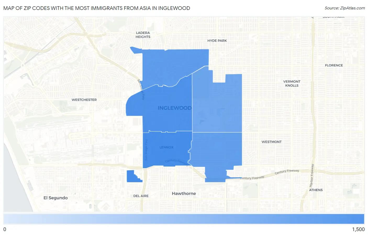 Zip Codes with the Most Immigrants from Asia in Inglewood Map