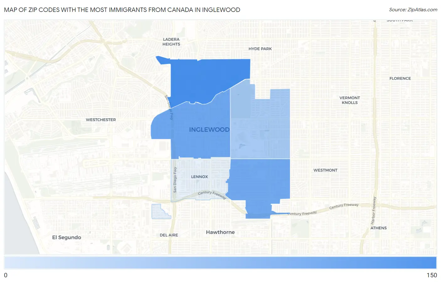 Zip Codes with the Most Immigrants from Canada in Inglewood Map