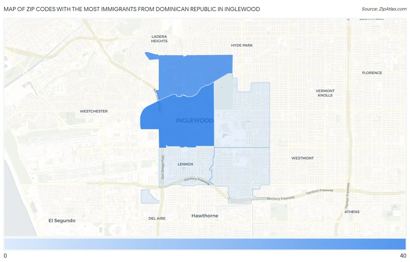 Zip Codes with the Most Immigrants from Dominican Republic in Inglewood Map