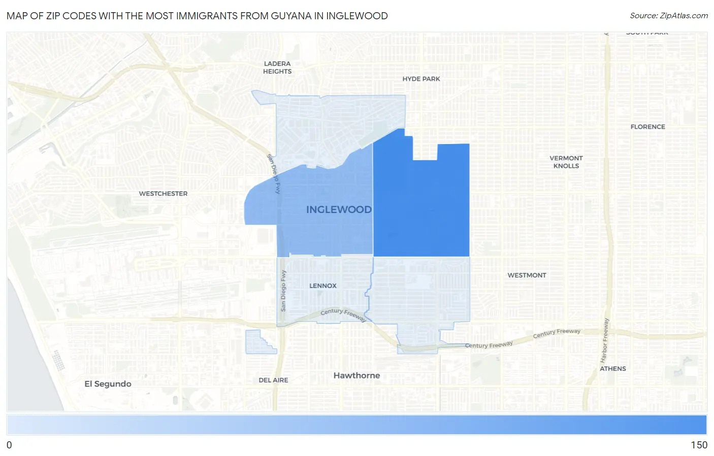 Zip Codes with the Most Immigrants from Guyana in Inglewood Map