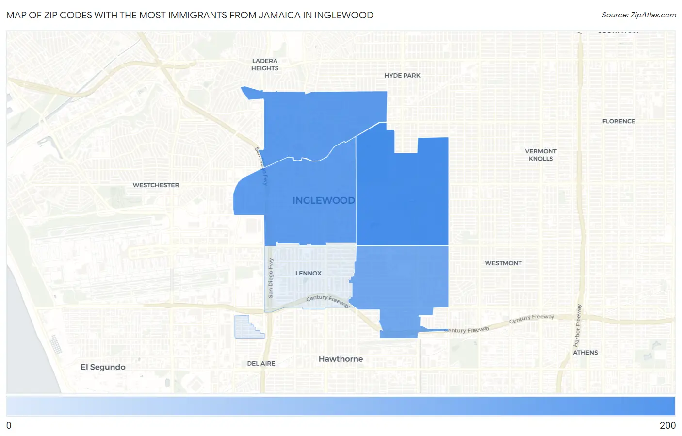 Zip Codes with the Most Immigrants from Jamaica in Inglewood Map
