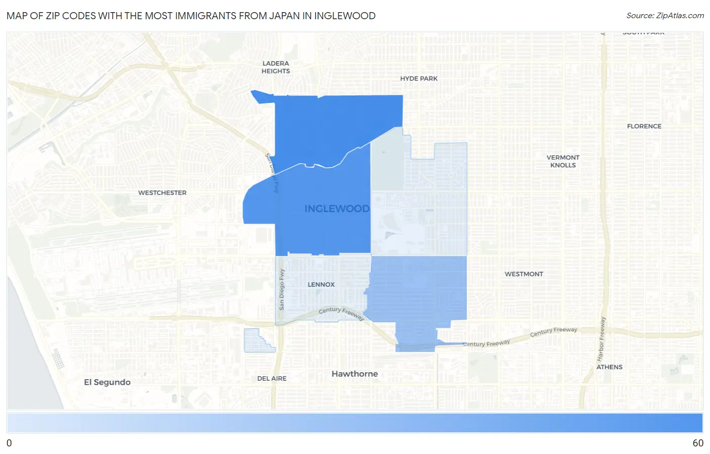 Zip Codes with the Most Immigrants from Japan in Inglewood Map