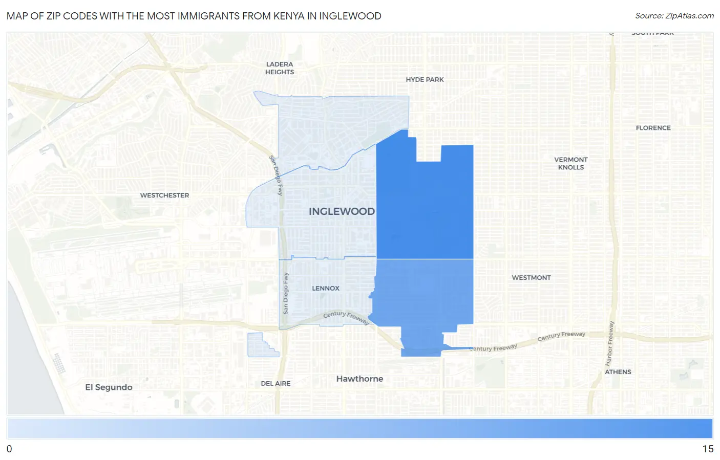 Zip Codes with the Most Immigrants from Kenya in Inglewood Map