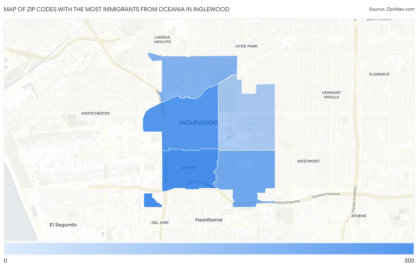 Zip Codes with the Most Immigrants from Oceania in Inglewood Map