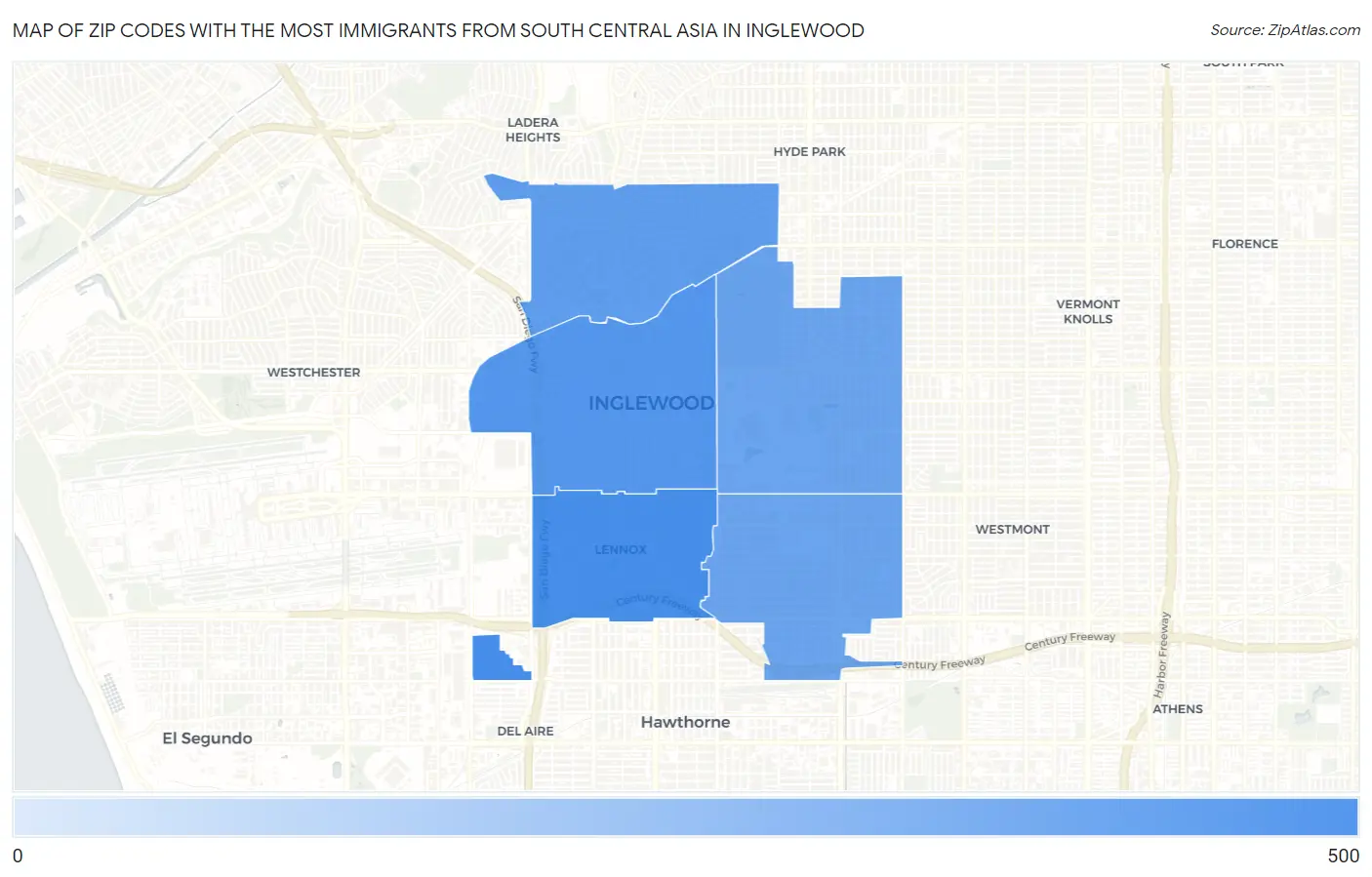 Zip Codes with the Most Immigrants from South Central Asia in Inglewood Map