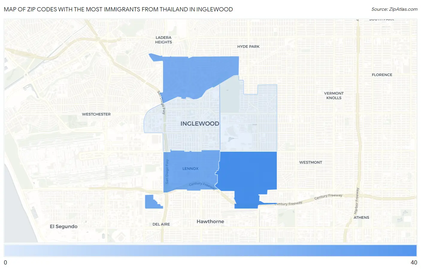 Zip Codes with the Most Immigrants from Thailand in Inglewood Map