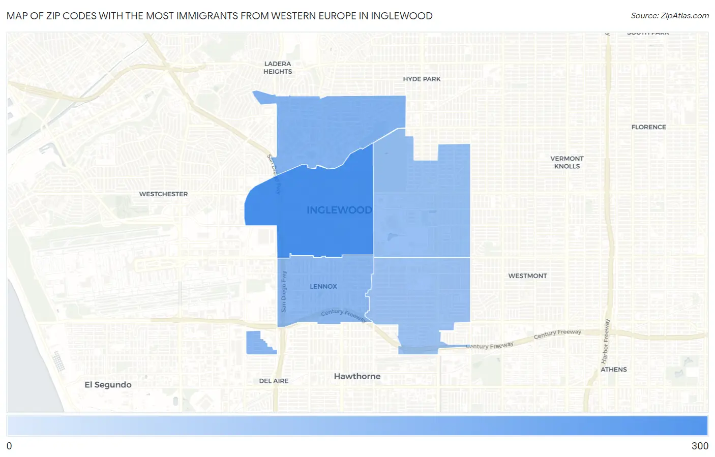 Zip Codes with the Most Immigrants from Western Europe in Inglewood Map