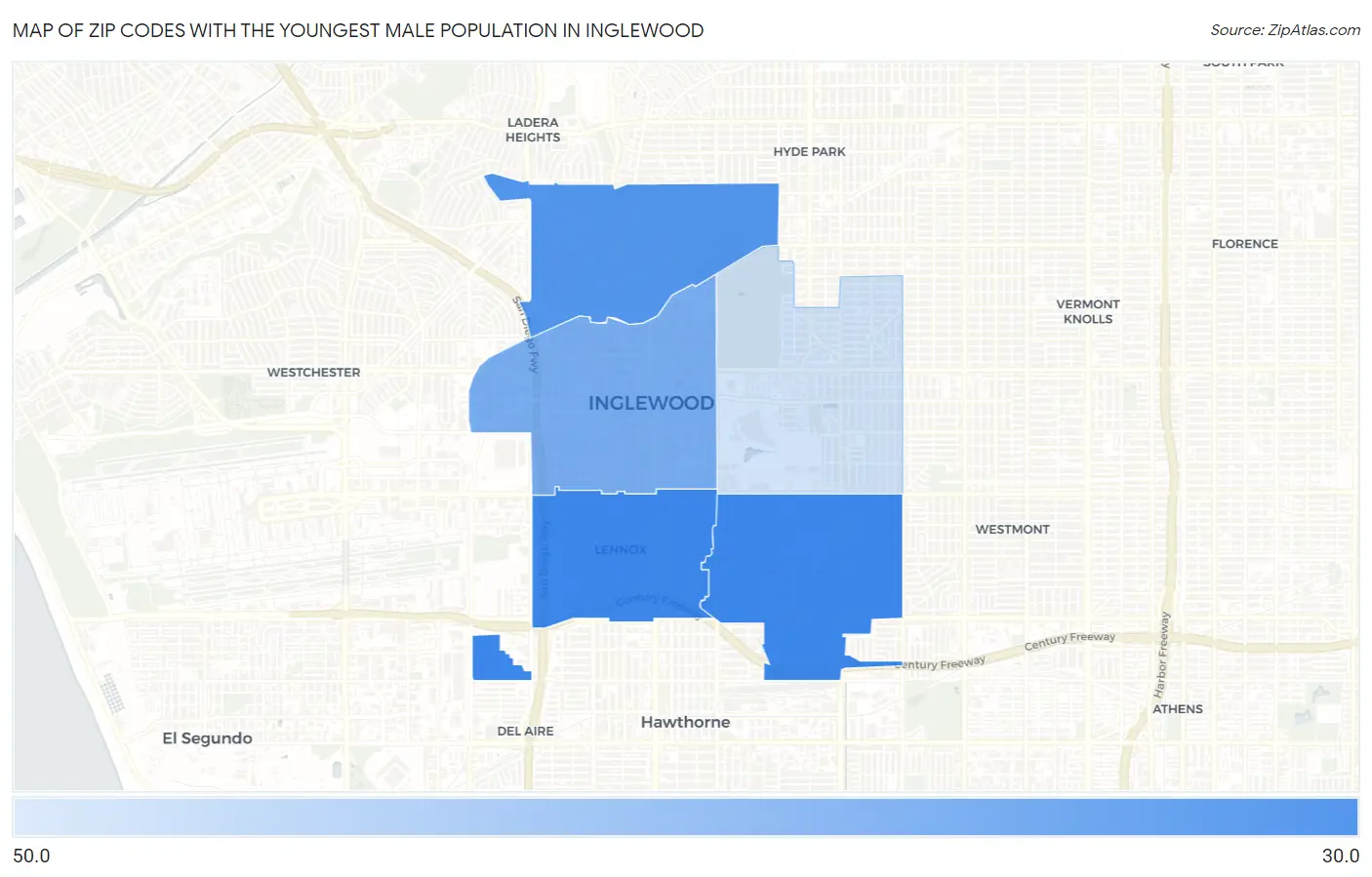 Zip Codes with the Youngest Male Population in Inglewood Map
