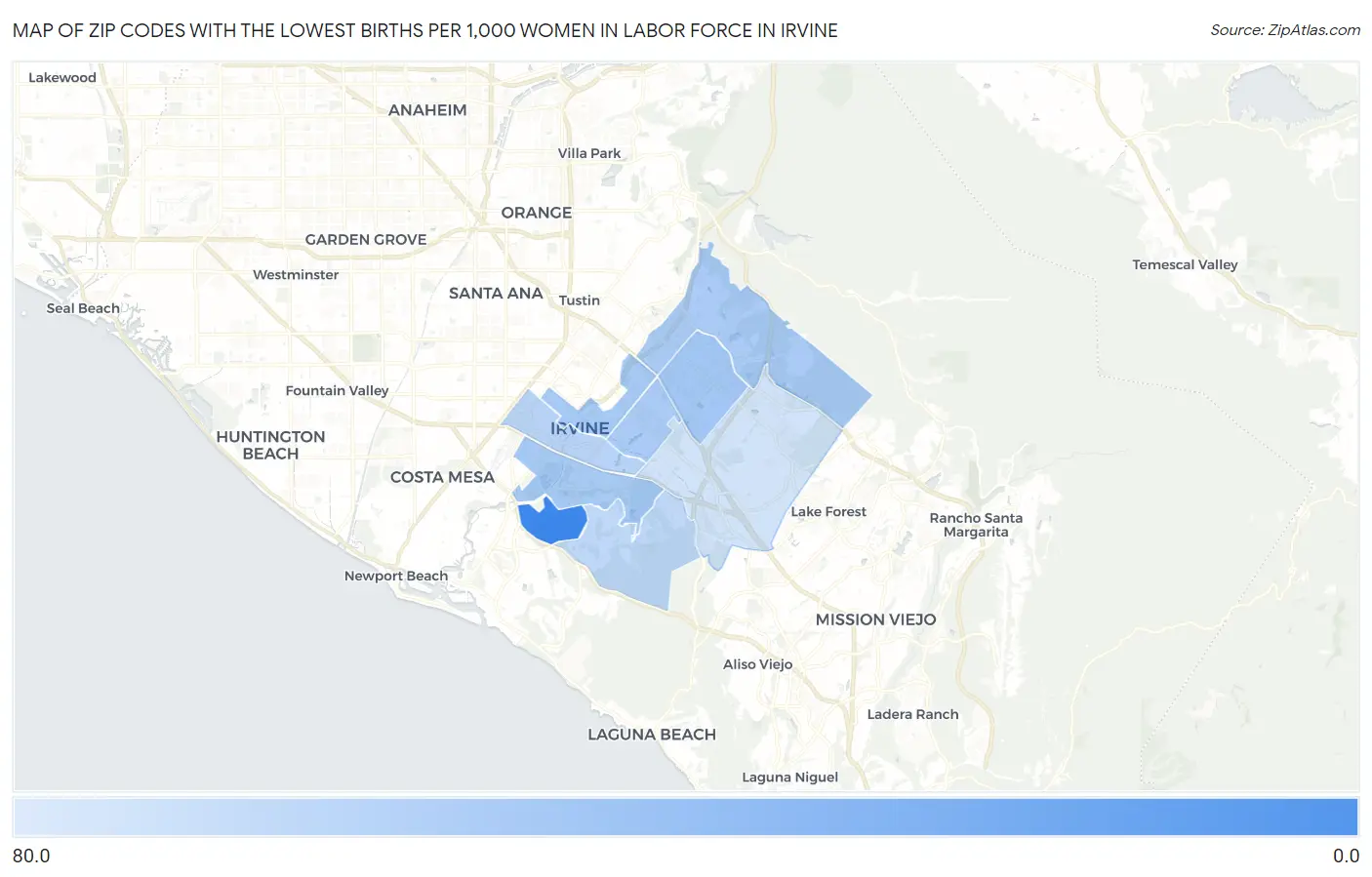 Zip Codes with the Lowest Births per 1,000 Women in Labor Force in Irvine Map