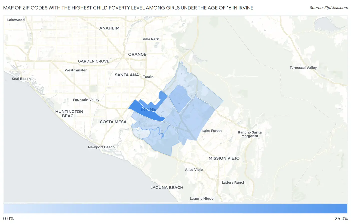 Zip Codes with the Highest Child Poverty Level Among Girls Under the Age of 16 in Irvine Map