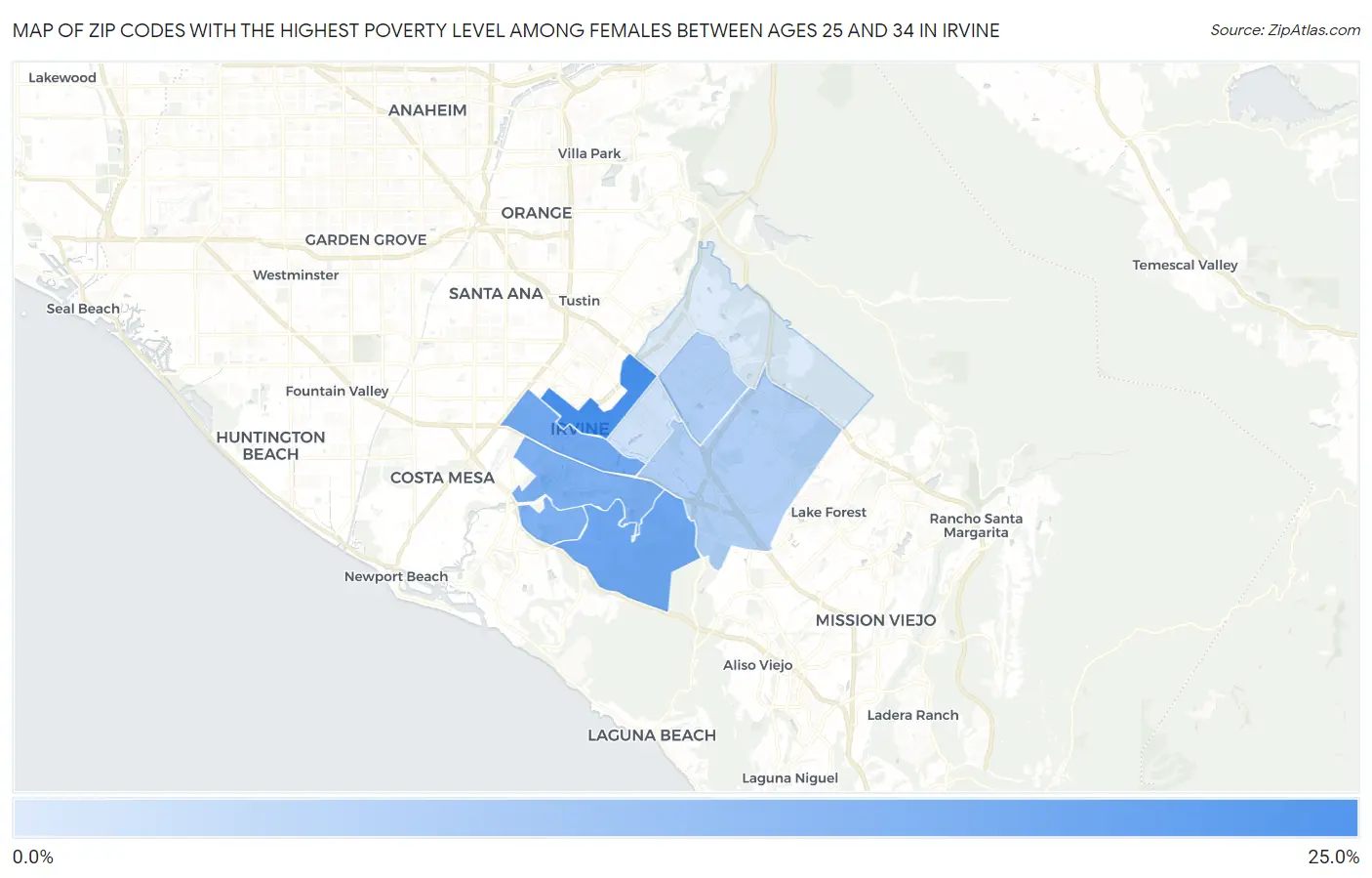 Zip Codes with the Highest Poverty Level Among Females Between Ages 25 and 34 in Irvine Map
