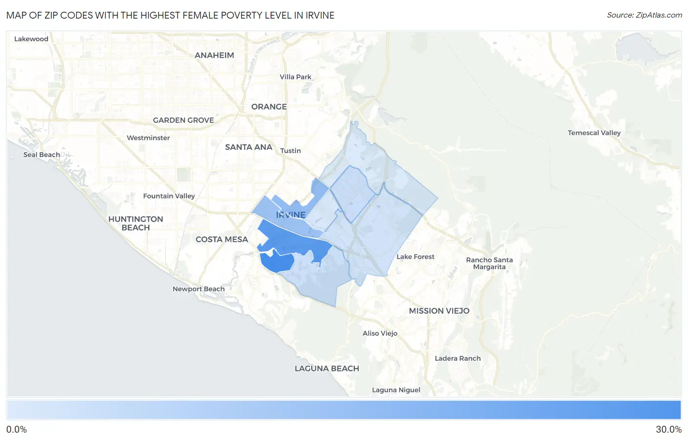 Zip Codes with the Highest Female Poverty Level in Irvine Map