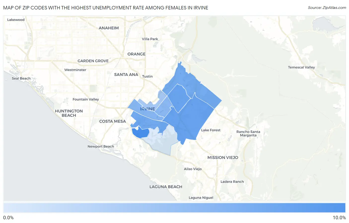 Zip Codes with the Highest Unemployment Rate Among Females in Irvine Map