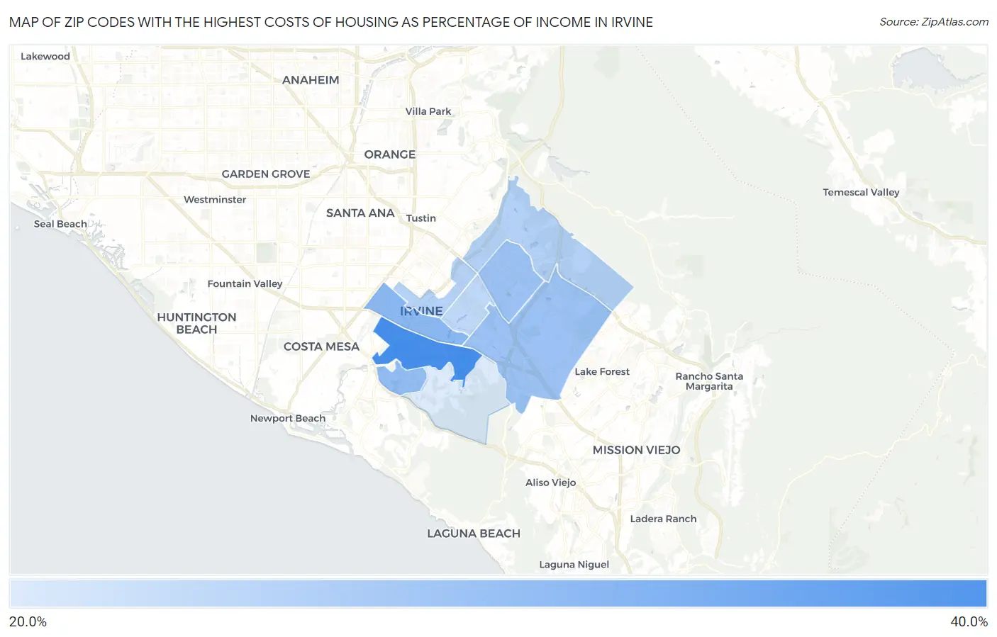 Zip Codes with the Highest Costs of Housing as Percentage of Income in Irvine Map