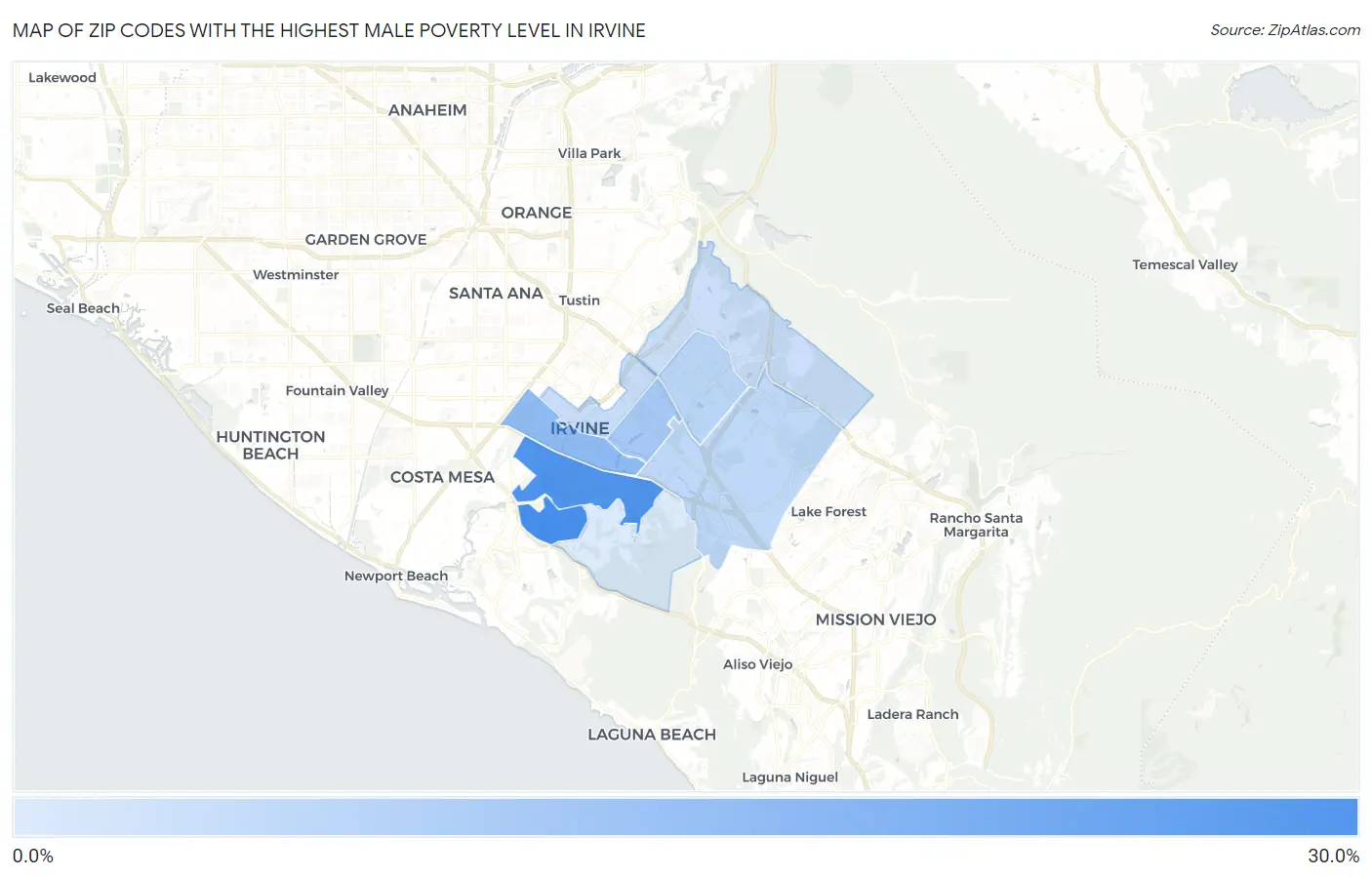Zip Codes with the Highest Male Poverty Level in Irvine Map