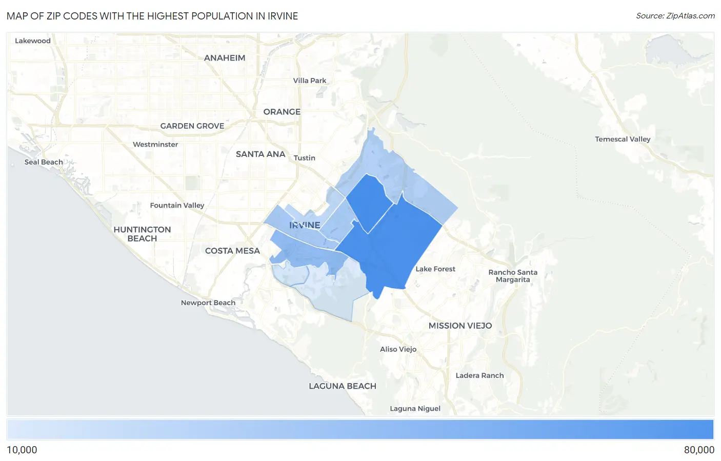Zip Codes with the Highest Population in Irvine Map