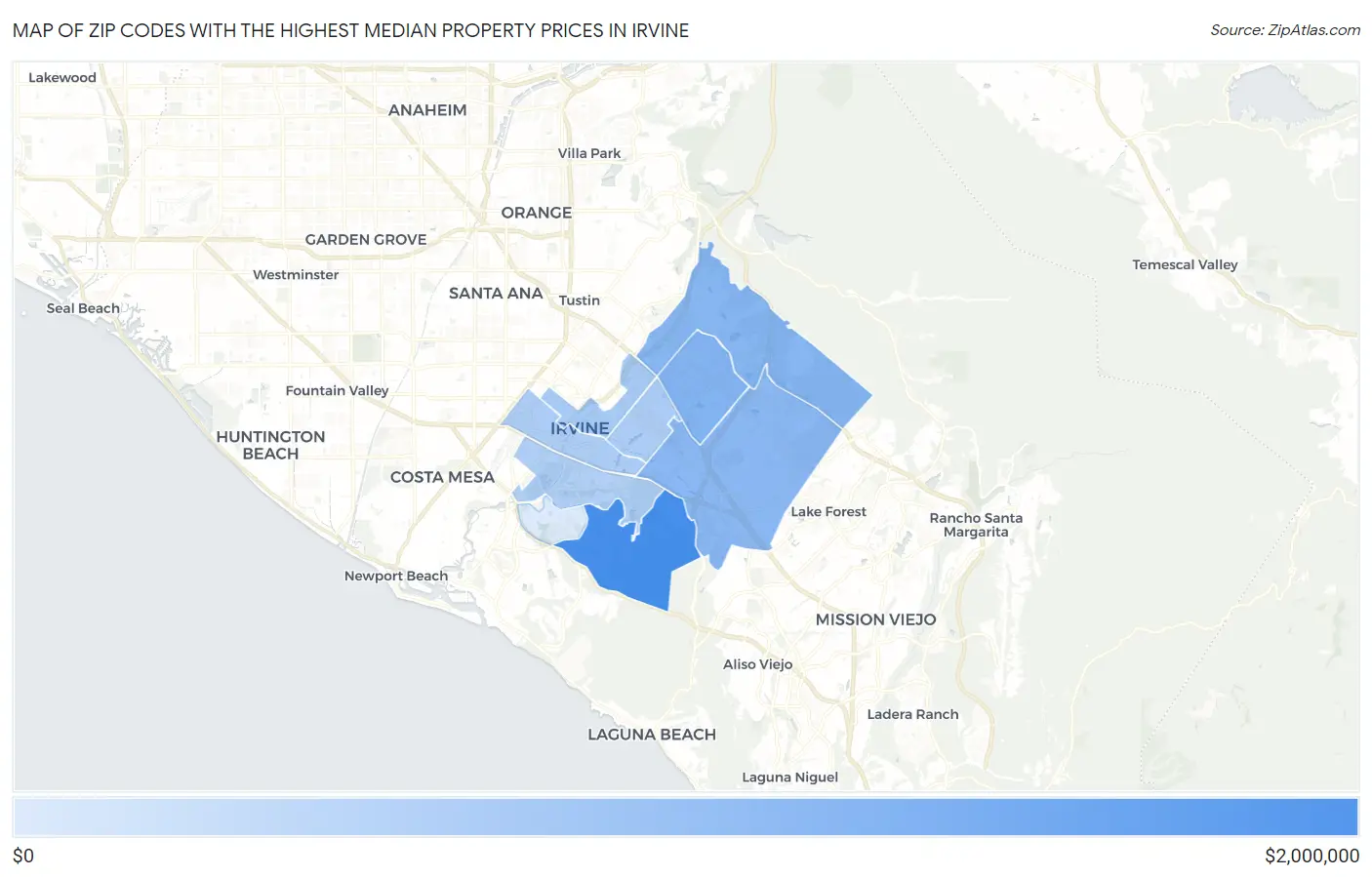 Zip Codes with the Highest Median Property Prices in Irvine Map