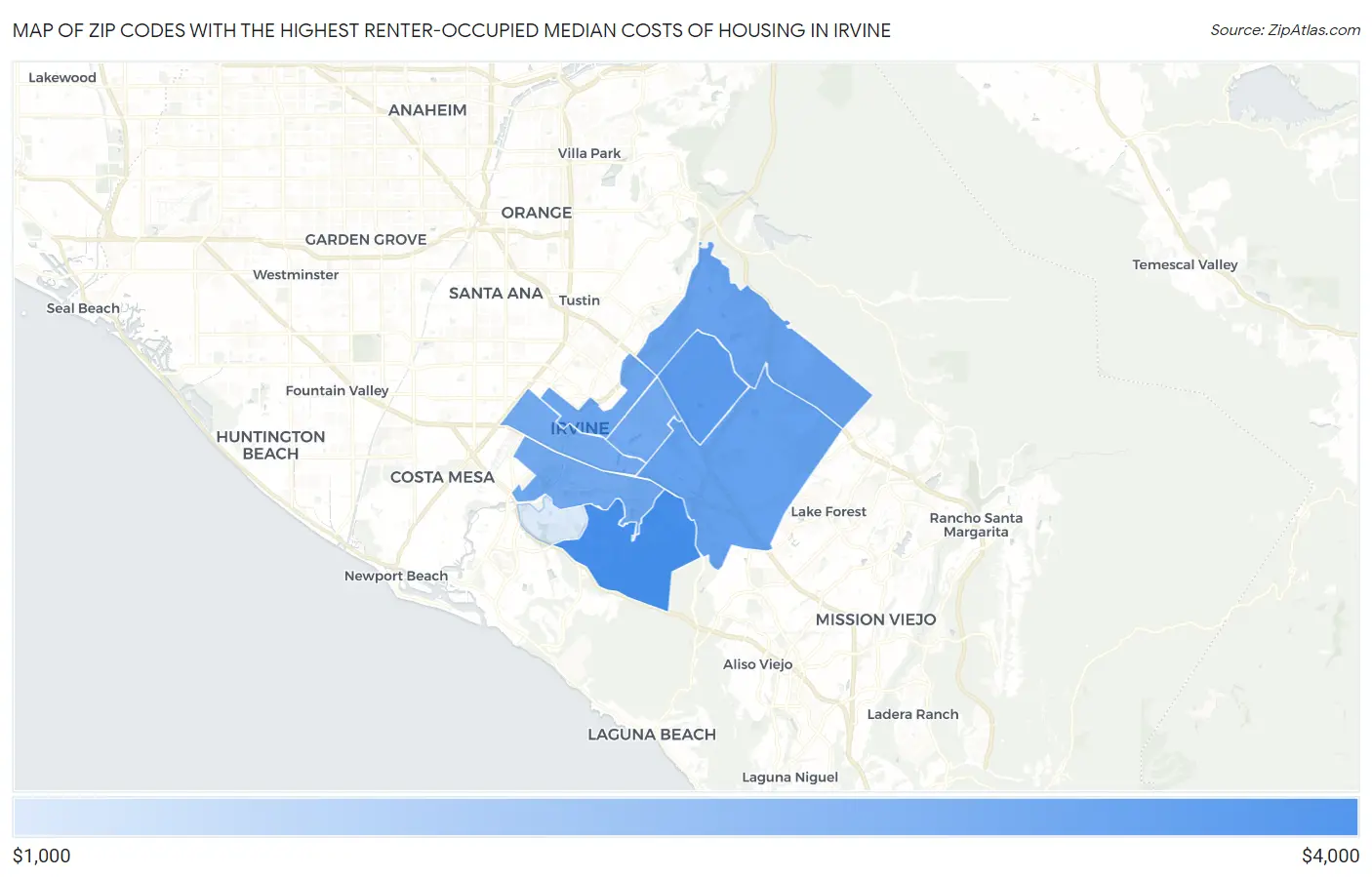 Zip Codes with the Highest Renter-Occupied Median Costs of Housing in Irvine Map