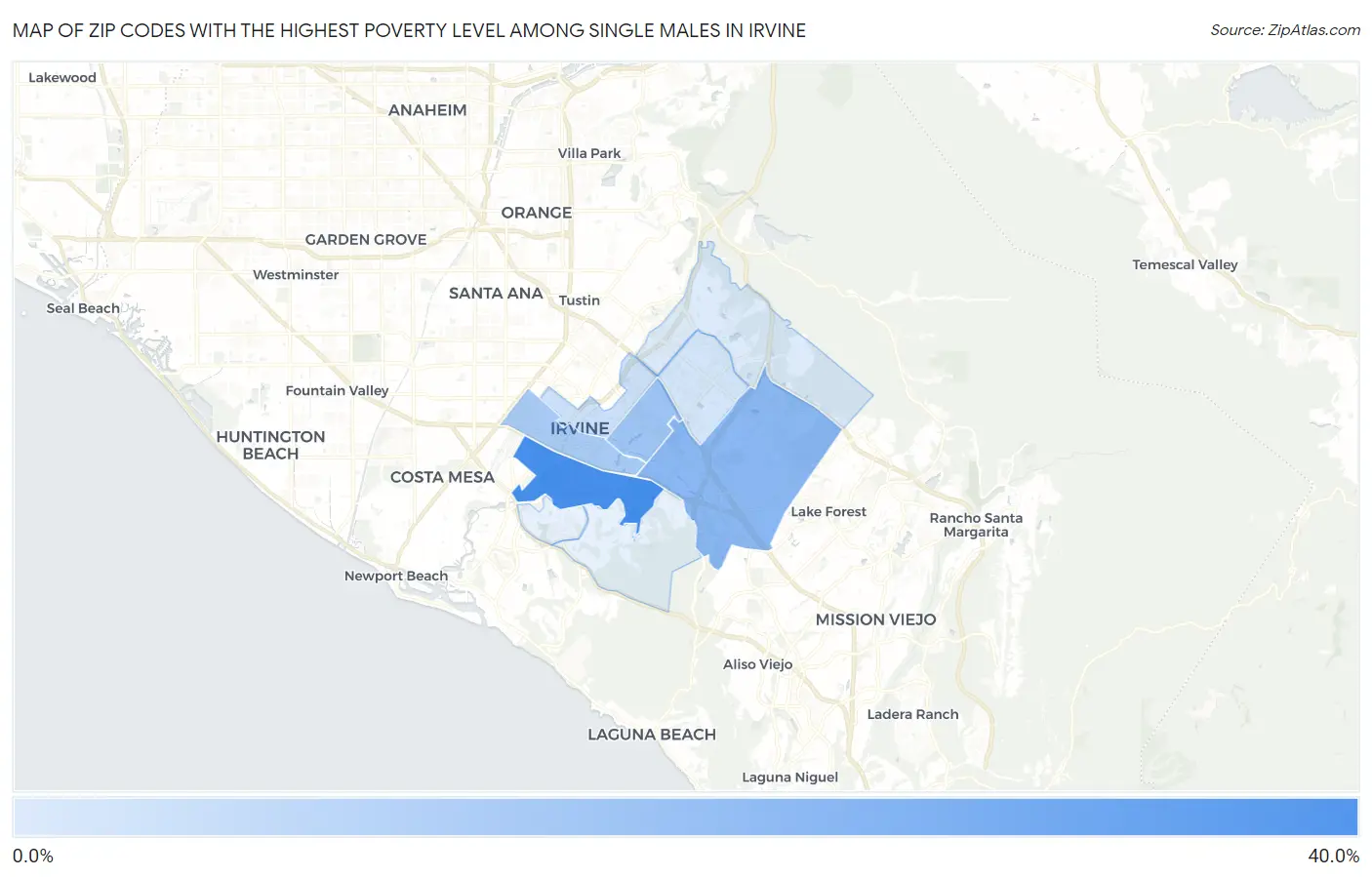 Zip Codes with the Highest Poverty Level Among Single Males in Irvine Map