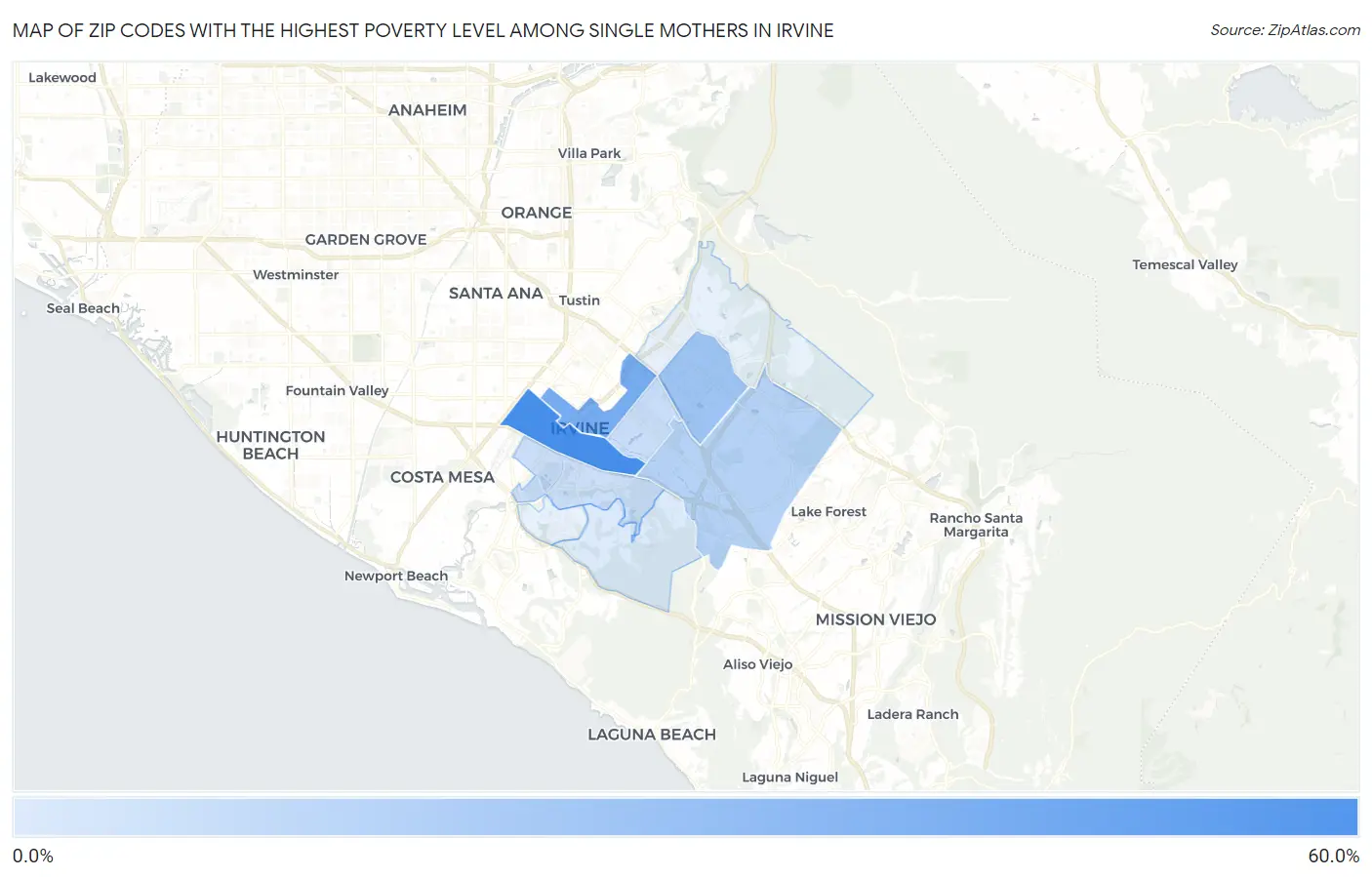 Zip Codes with the Highest Poverty Level Among Single Mothers in Irvine Map