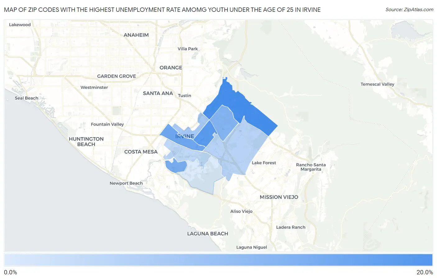Zip Codes with the Highest Unemployment Rate Amomg Youth Under the Age of 25 in Irvine Map