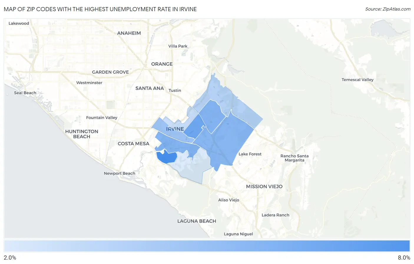 Zip Codes with the Highest Unemployment Rate in Irvine Map