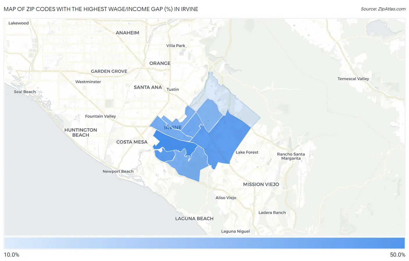 Zip Codes with the Highest Wage/Income Gap (%) in Irvine Map