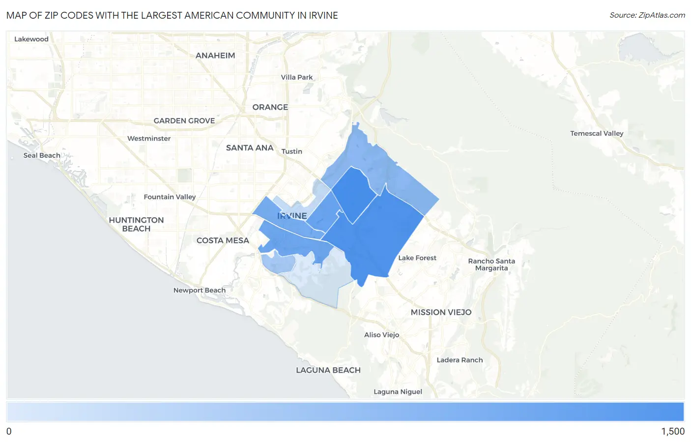 Zip Codes with the Largest American Community in Irvine Map