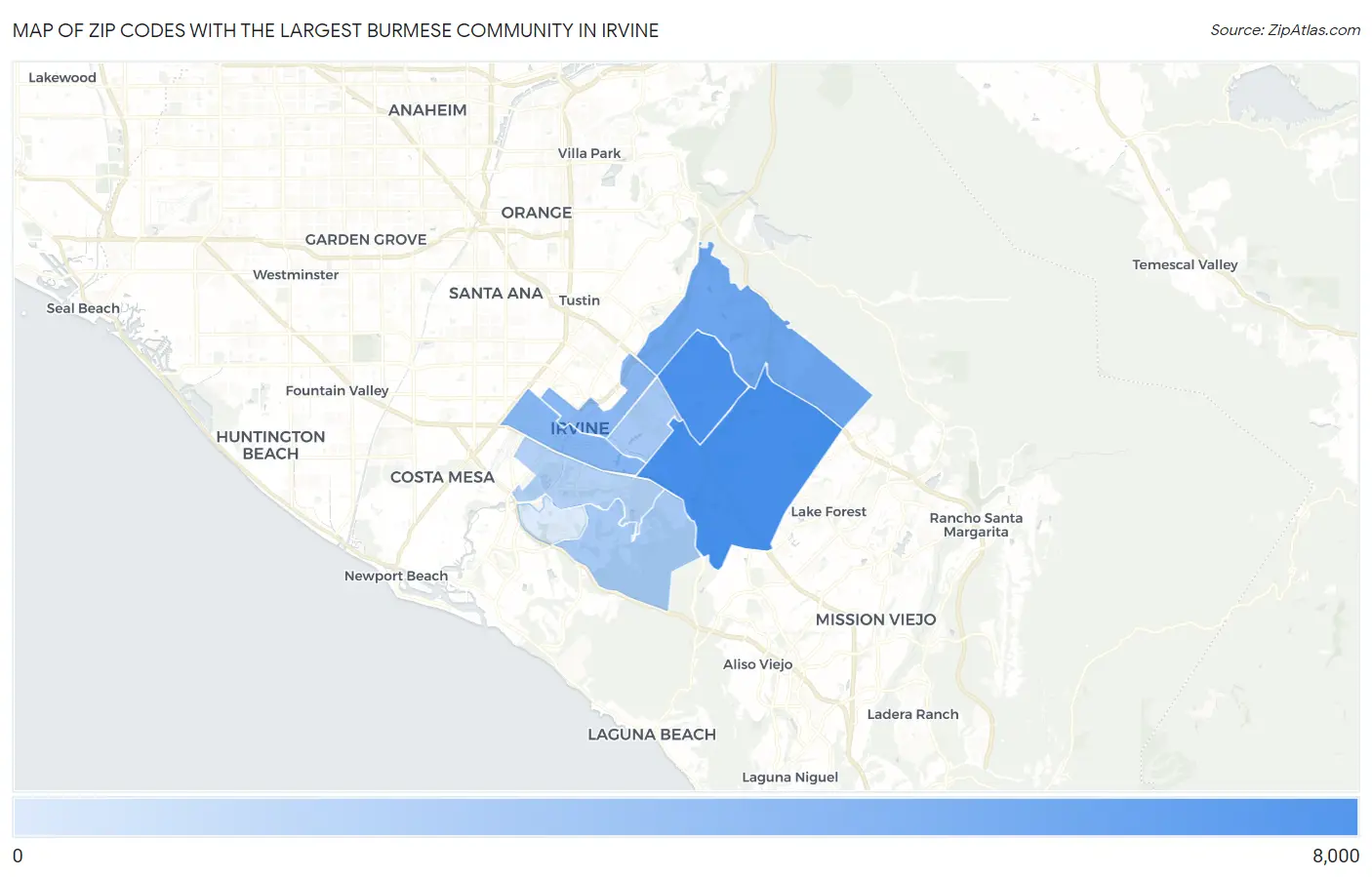 Zip Codes with the Largest Burmese Community in Irvine Map