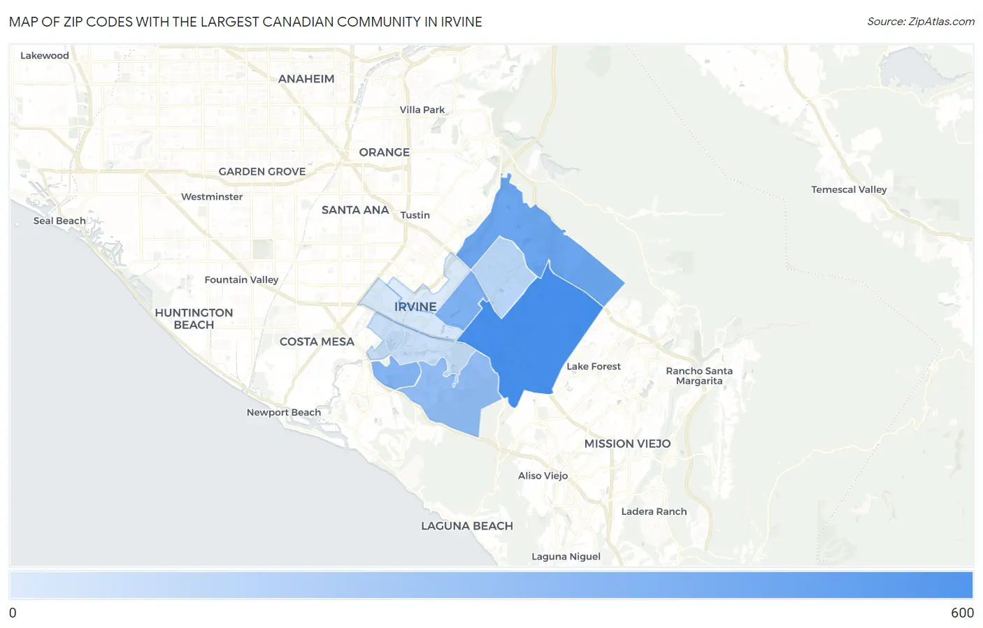 Zip Codes with the Largest Canadian Community in Irvine Map