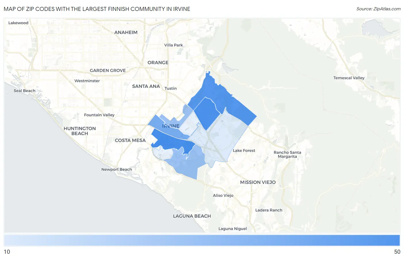 Zip Codes with the Largest Finnish Community in Irvine Map