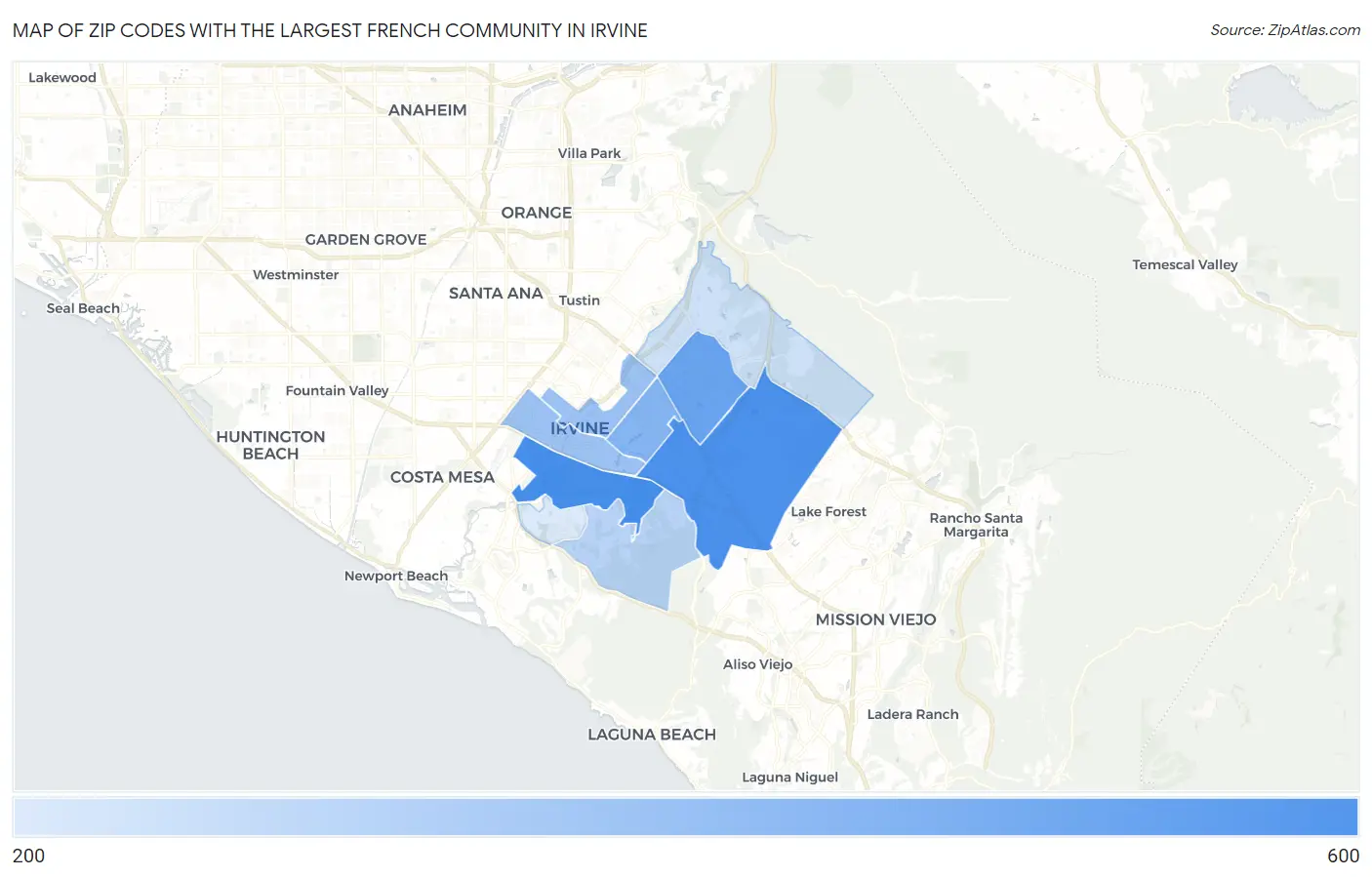 Zip Codes with the Largest French Community in Irvine Map