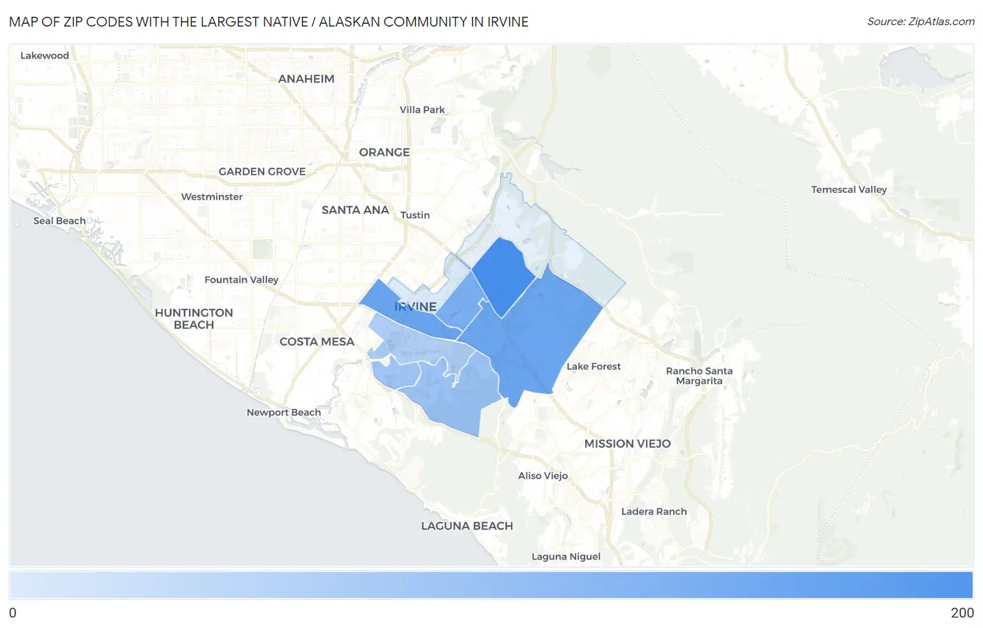 Zip Codes with the Largest Native / Alaskan Community in Irvine Map